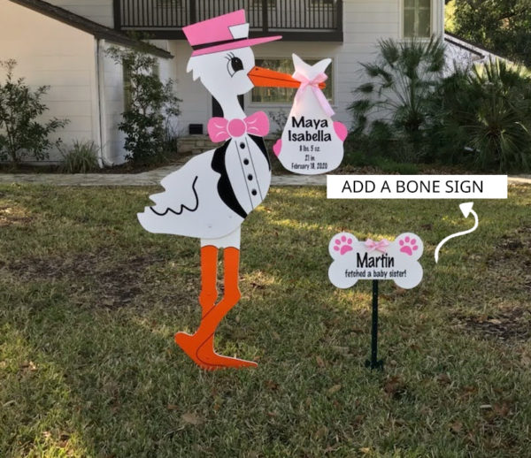 Pink Stork and Bone Sign - Storks and More of Phoenix - Stork Sign Rental, Phoenix , AZ